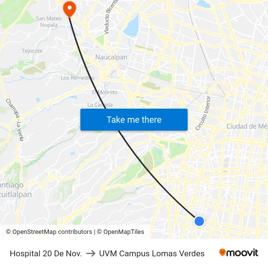 Hospital 20 De Nov. to UVM Campus Lomas Verdes map
