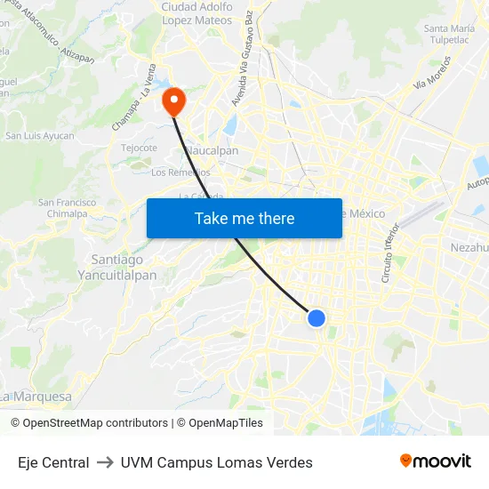 Eje Central to UVM Campus Lomas Verdes map
