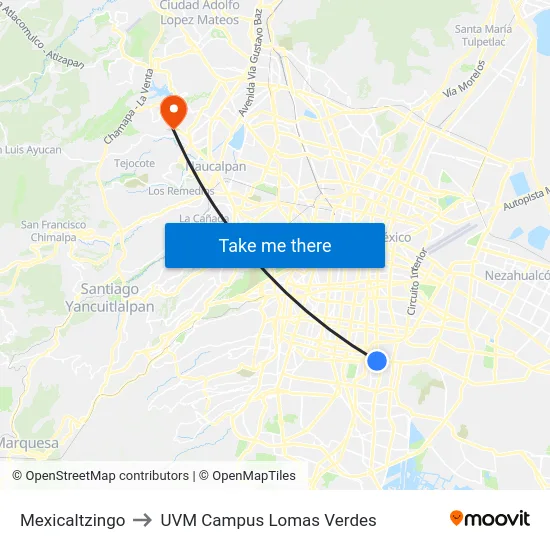 Mexicaltzingo to UVM Campus Lomas Verdes map
