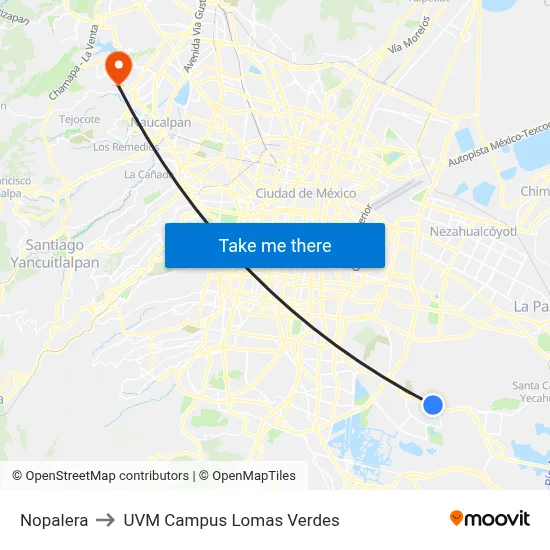 Nopalera to UVM Campus Lomas Verdes map