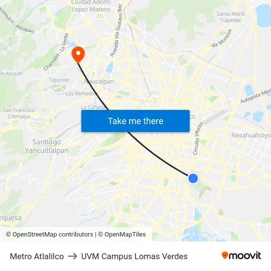 Metro Atlalilco to UVM Campus Lomas Verdes map