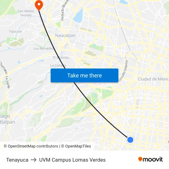 Tenayuca to UVM Campus Lomas Verdes map
