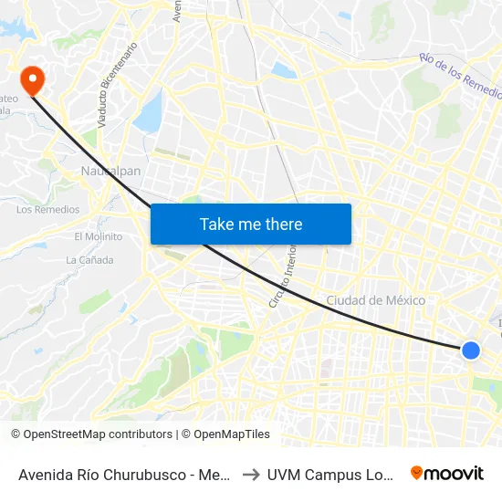 Avenida Río Churubusco - Metro Puerto Aéreo to UVM Campus Lomas Verdes map