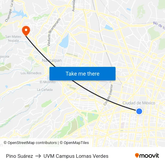 Pino Suárez to UVM Campus Lomas Verdes map