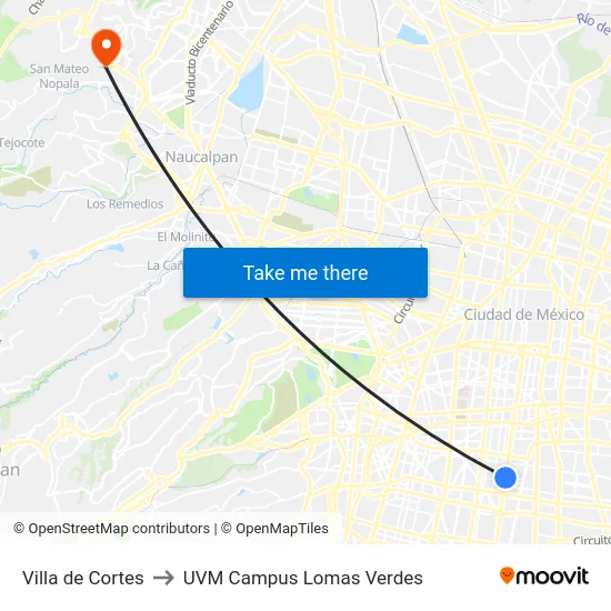 Villa de Cortes to UVM Campus Lomas Verdes map