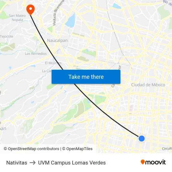 Nativitas to UVM Campus Lomas Verdes map
