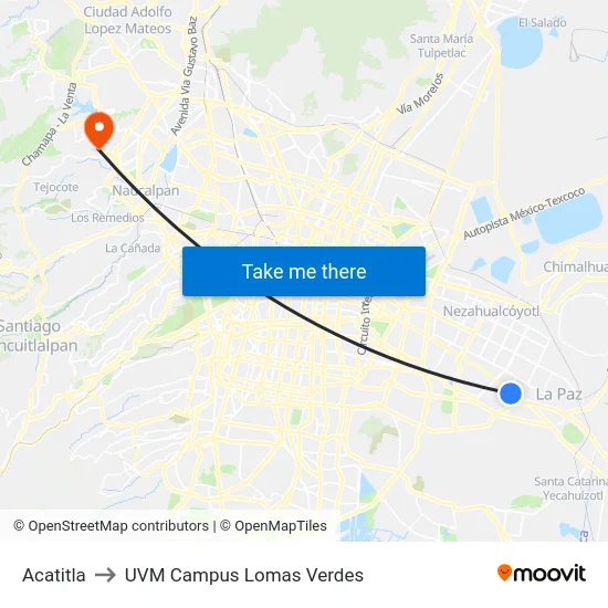 Acatitla to UVM Campus Lomas Verdes map