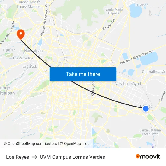 Los Reyes to UVM Campus Lomas Verdes map