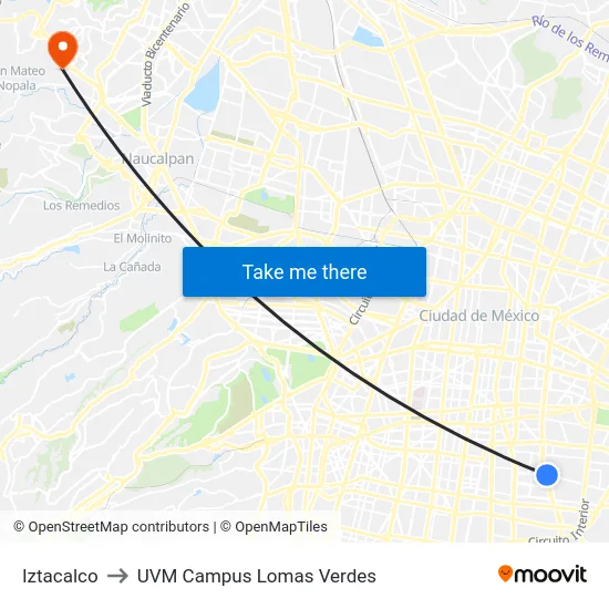Iztacalco to UVM Campus Lomas Verdes map