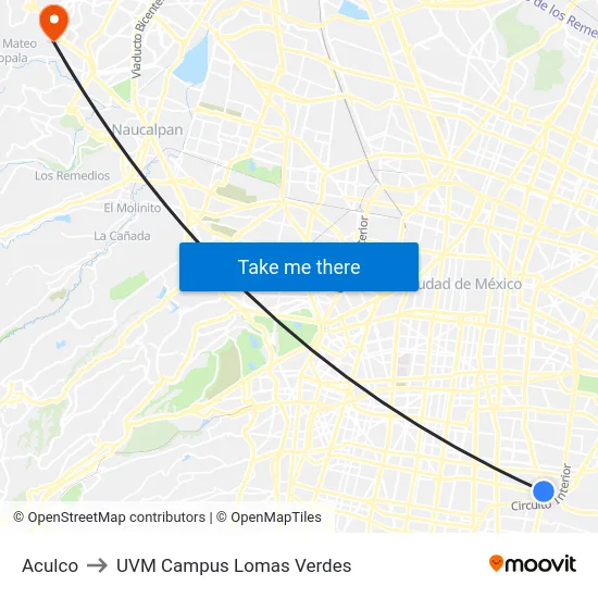 Aculco to UVM Campus Lomas Verdes map