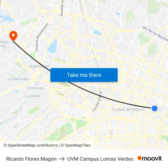 Ricardo Flores Magón to UVM Campus Lomas Verdes map