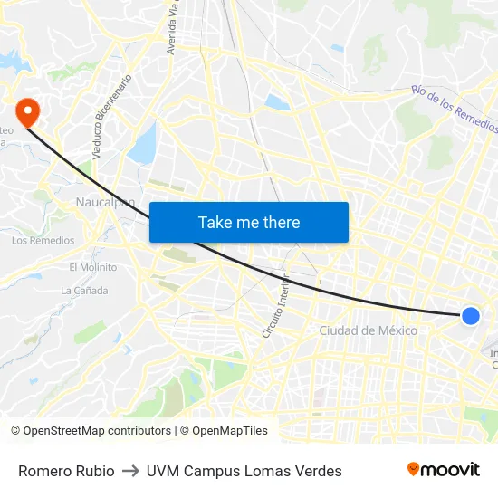 Romero Rubio to UVM Campus Lomas Verdes map