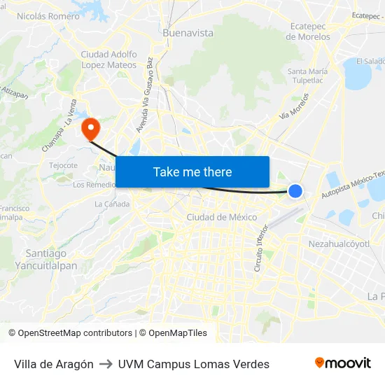 Villa de Aragón to UVM Campus Lomas Verdes map