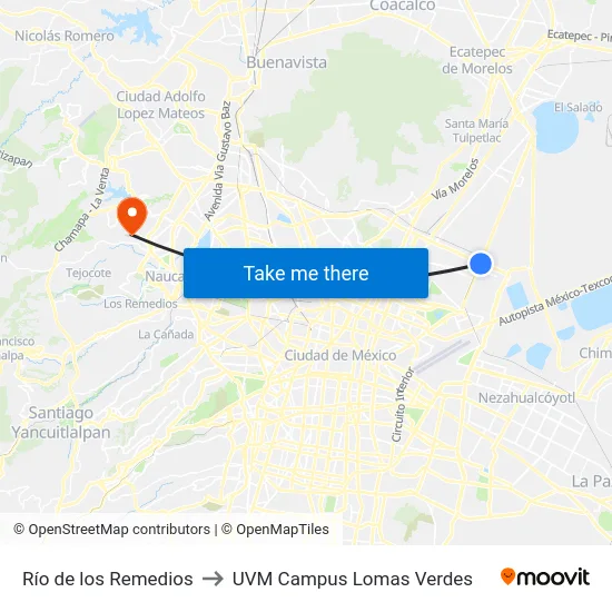 Río de los Remedios to UVM Campus Lomas Verdes map