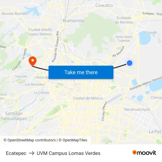 Ecatepec to UVM Campus Lomas Verdes map