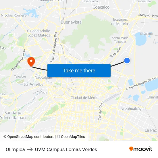 Olímpica to UVM Campus Lomas Verdes map