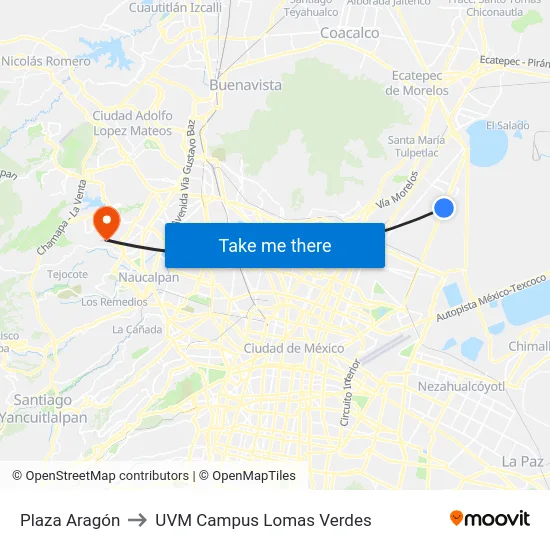 Plaza Aragón to UVM Campus Lomas Verdes map