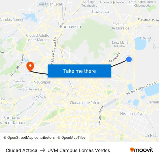 Ciudad Azteca to UVM Campus Lomas Verdes map