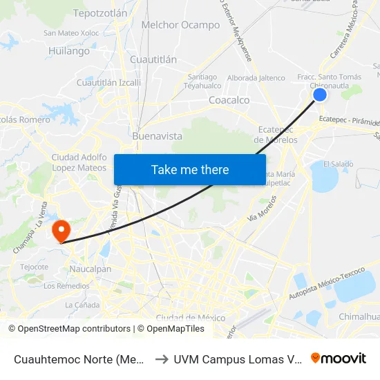 Cuauhtemoc Norte (Mexibus) to UVM Campus Lomas Verdes map