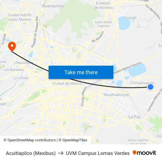 Acuitlapilco (Mexibus) to UVM Campus Lomas Verdes map