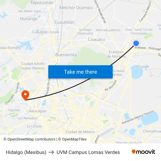 Hidalgo (Mexibus) to UVM Campus Lomas Verdes map
