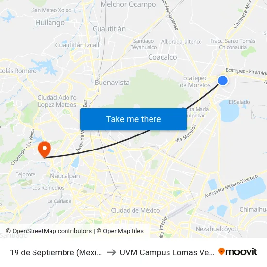 19 de Septiembre (Mexibus) to UVM Campus Lomas Verdes map