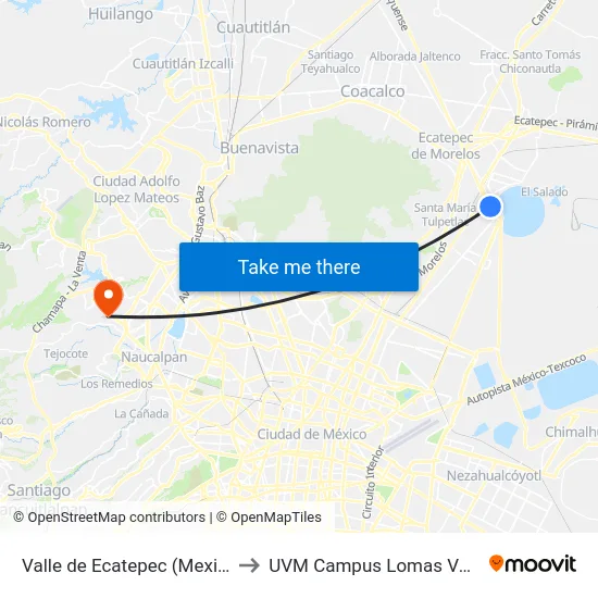 Valle de Ecatepec (Mexibus) to UVM Campus Lomas Verdes map