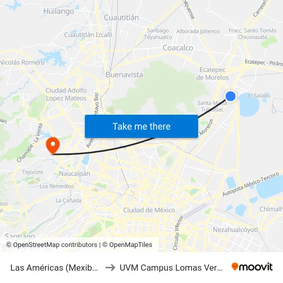 Las Américas (Mexibus) to UVM Campus Lomas Verdes map