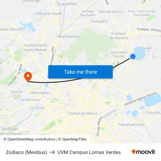 Zodiaco (Mexibus) to UVM Campus Lomas Verdes map
