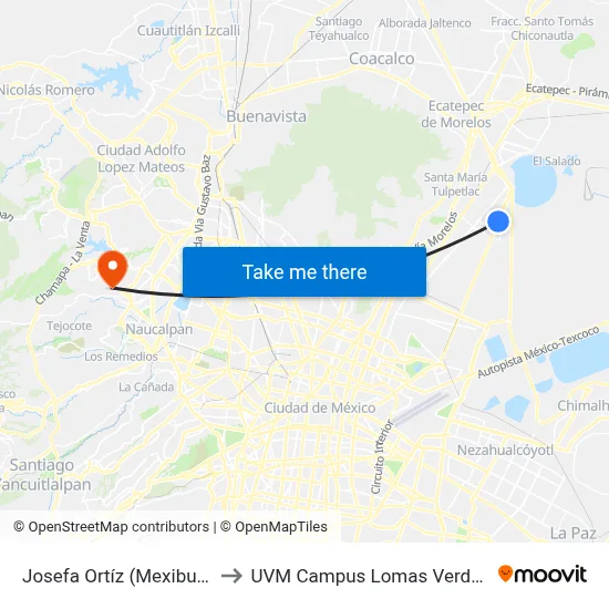 Josefa Ortíz (Mexibus) to UVM Campus Lomas Verdes map
