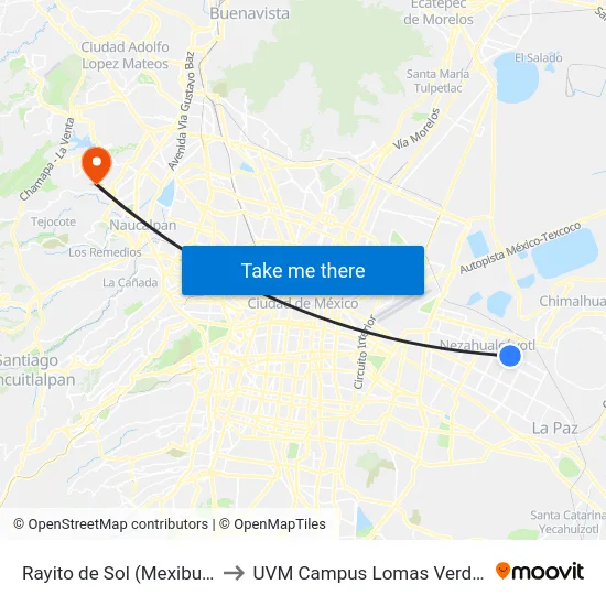 Rayito de Sol (Mexibus) to UVM Campus Lomas Verdes map