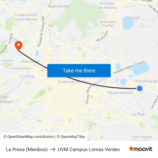 La Presa (Mexibus) to UVM Campus Lomas Verdes map