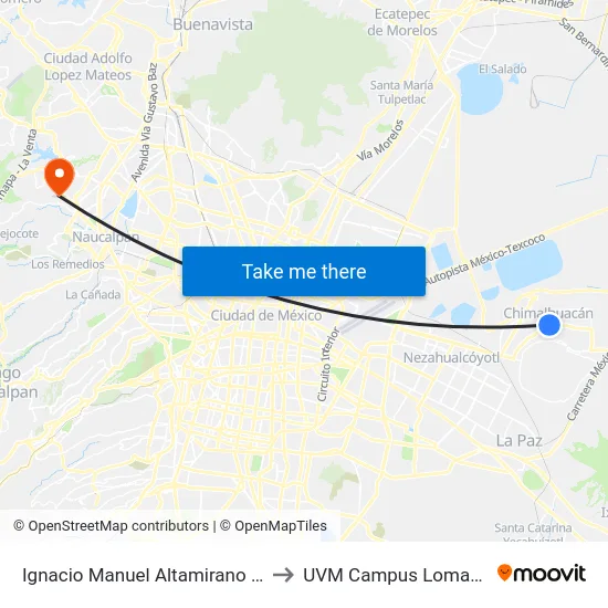Ignacio Manuel Altamirano (Mexibus) to UVM Campus Lomas Verdes map