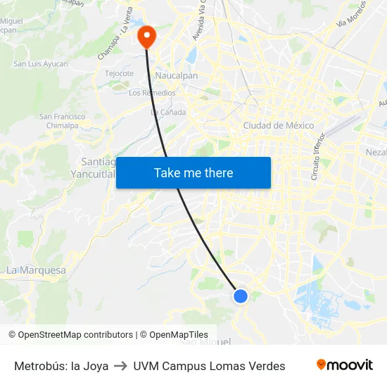 Metrobús: la Joya to UVM Campus Lomas Verdes map