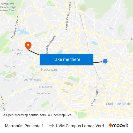 Metrobús: Poniente 134 to UVM Campus Lomas Verdes map