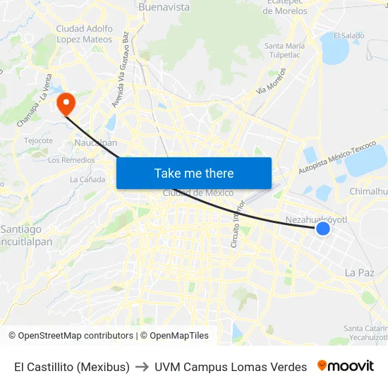 El Castillito (Mexibus) to UVM Campus Lomas Verdes map