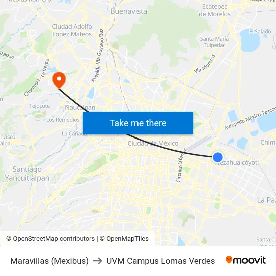 Maravillas (Mexibus) to UVM Campus Lomas Verdes map