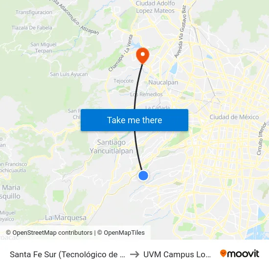 Santa Fe Sur (Tecnológico de Monterrey - Rtp) to UVM Campus Lomas Verdes map