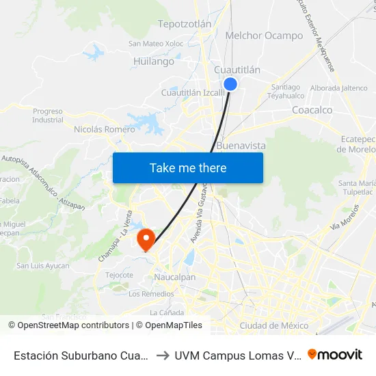 Estación Suburbano Cuautitlán to UVM Campus Lomas Verdes map