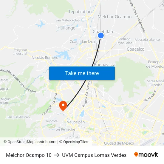 Melchor Ocampo 10 to UVM Campus Lomas Verdes map