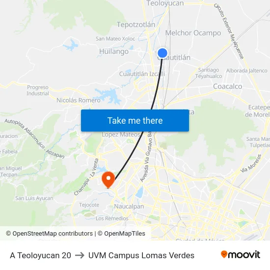 A Teoloyucan 20 to UVM Campus Lomas Verdes map