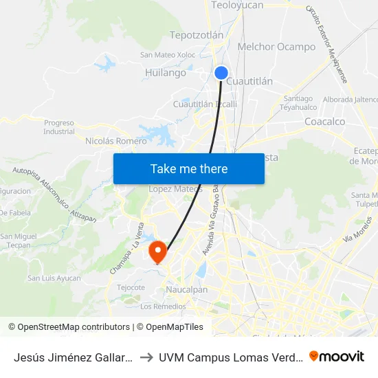 Jesús Jiménez Gallardo to UVM Campus Lomas Verdes map
