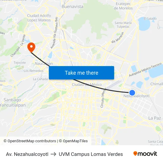 Av. Nezahualcoyotl to UVM Campus Lomas Verdes map