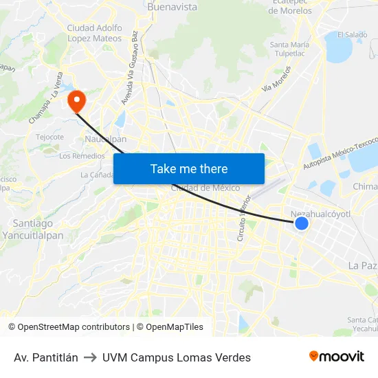 Av. Pantitlán to UVM Campus Lomas Verdes map
