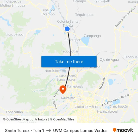 Santa Teresa - Tula 1 to UVM Campus Lomas Verdes map