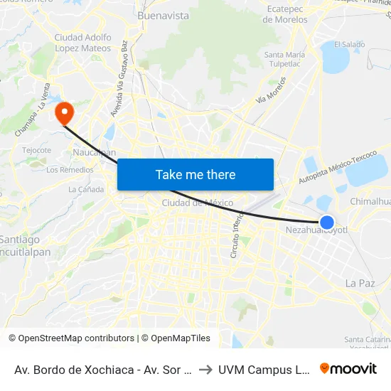 Av. Bordo de Xochiaca - Av. Sor Juana Inés de La Cruz to UVM Campus Lomas Verdes map