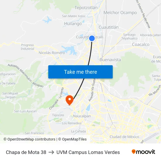Chapa de Mota 38 to UVM Campus Lomas Verdes map