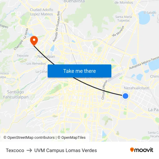 Texcoco to UVM Campus Lomas Verdes map