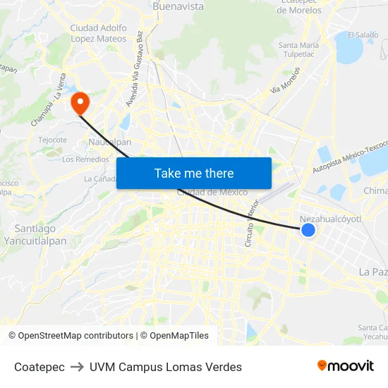 Coatepec to UVM Campus Lomas Verdes map