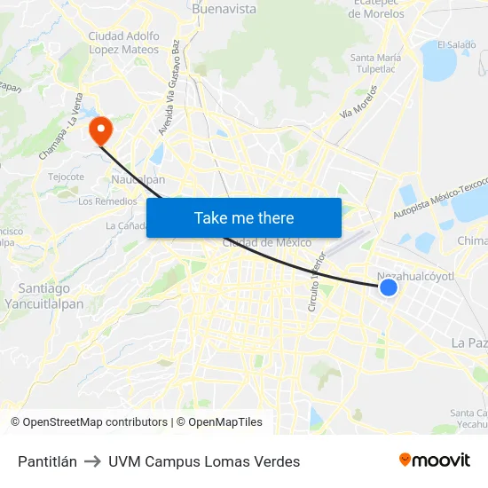 Pantitlán to UVM Campus Lomas Verdes map